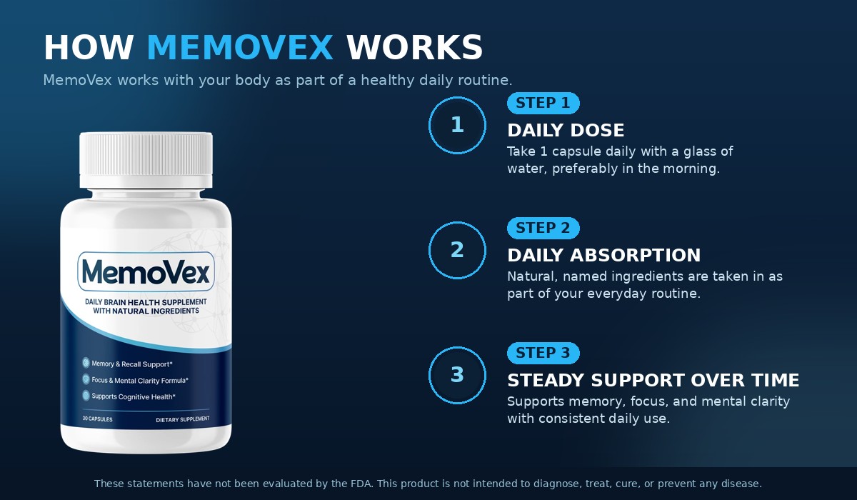How MemoVex works: 3 steps from a daily capsule dose to supporting memory, focus and mental clarity over time